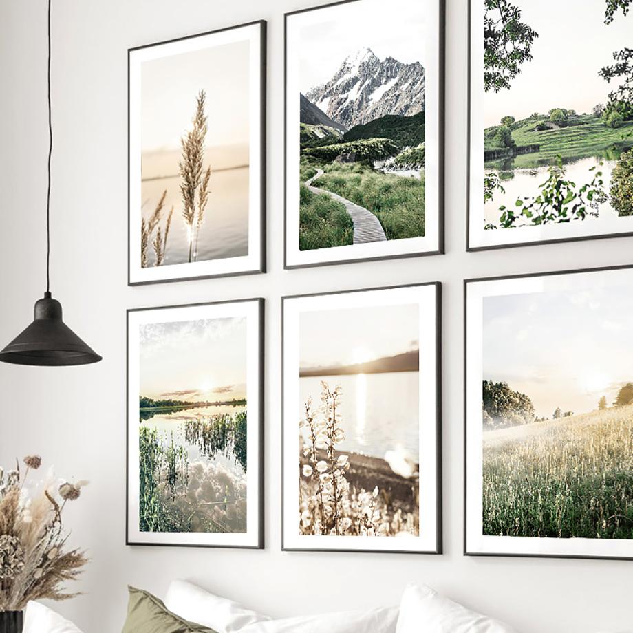 Lago di montagna innevato primaverile Canna Tarassaco Pittura su Tela Decorazione Murale Poster e Stampe Nordiche Immagini Murali per Decorazione Soggiorno