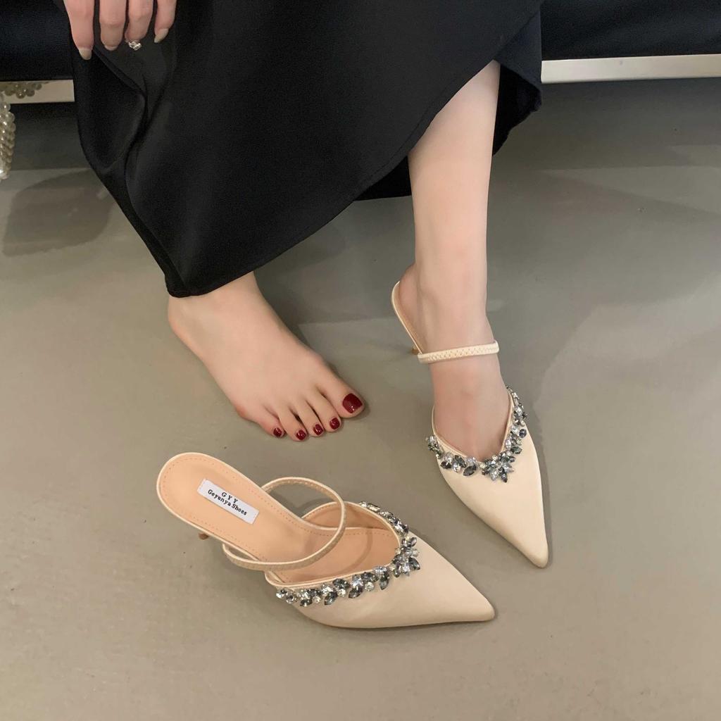 Half-tow high heels autumn rhinestone thin heel champagne one-word with pointed toes and high-heeled slippers