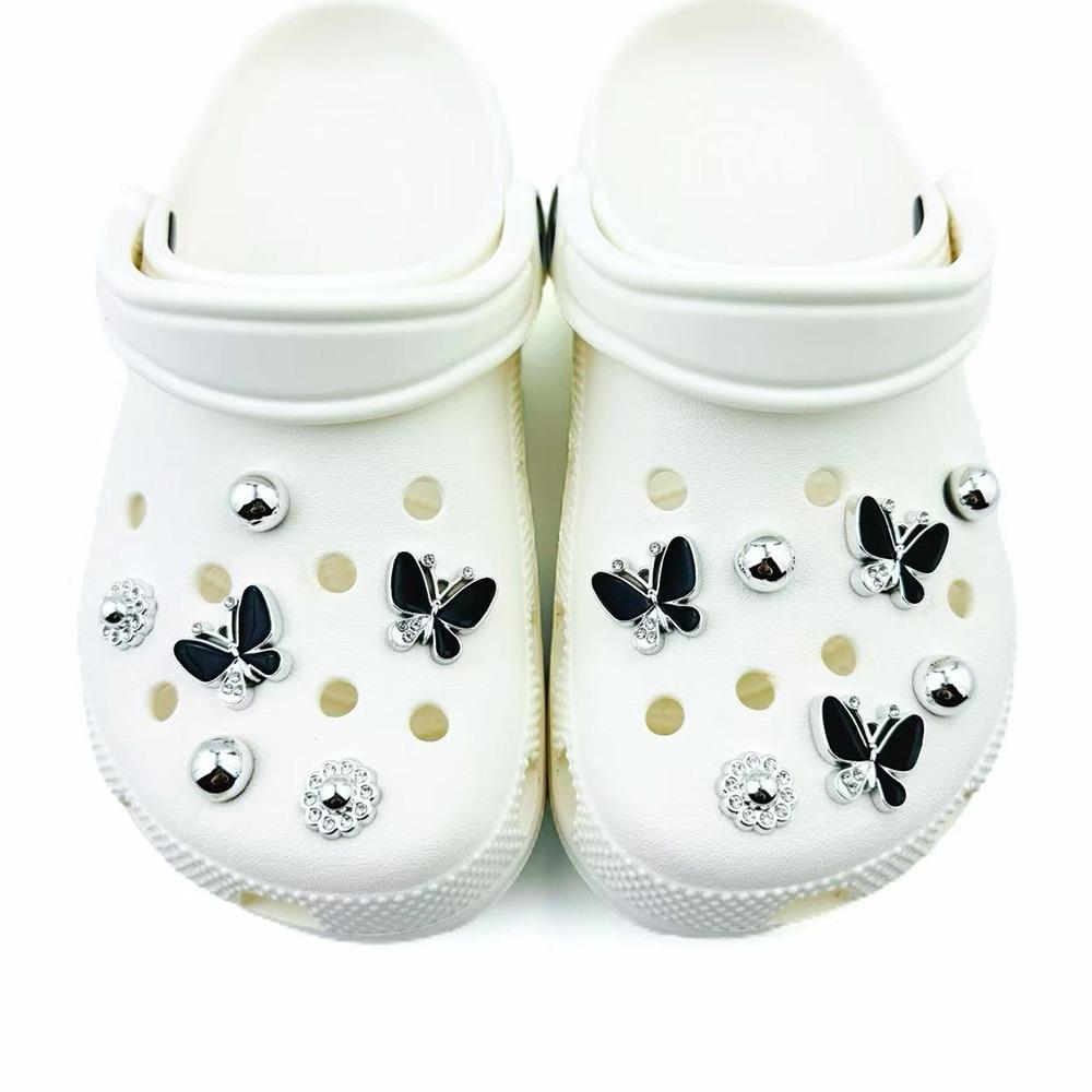 13Pcs Shoe Charms Set Black Butterfly Diamond Flower Silver Bead Shoe Decorations Buckle for Sandals Clogs DIY Accessories Gifts