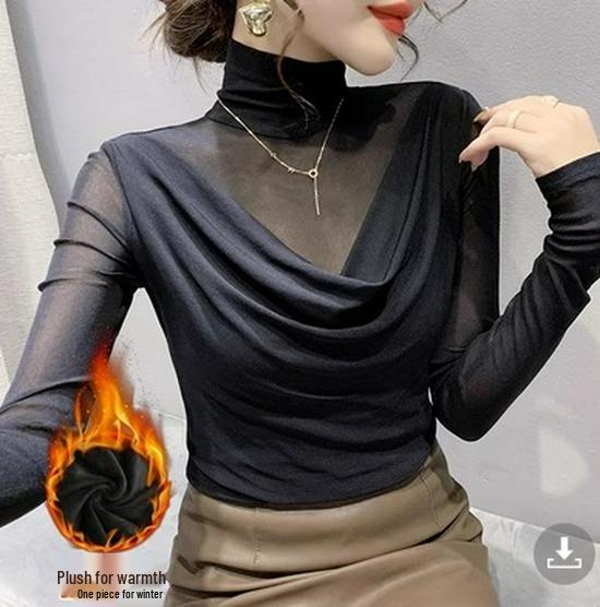 European High Neck Mesh Long Sleeve Top - Women's Slim Fit Autumn Shirt