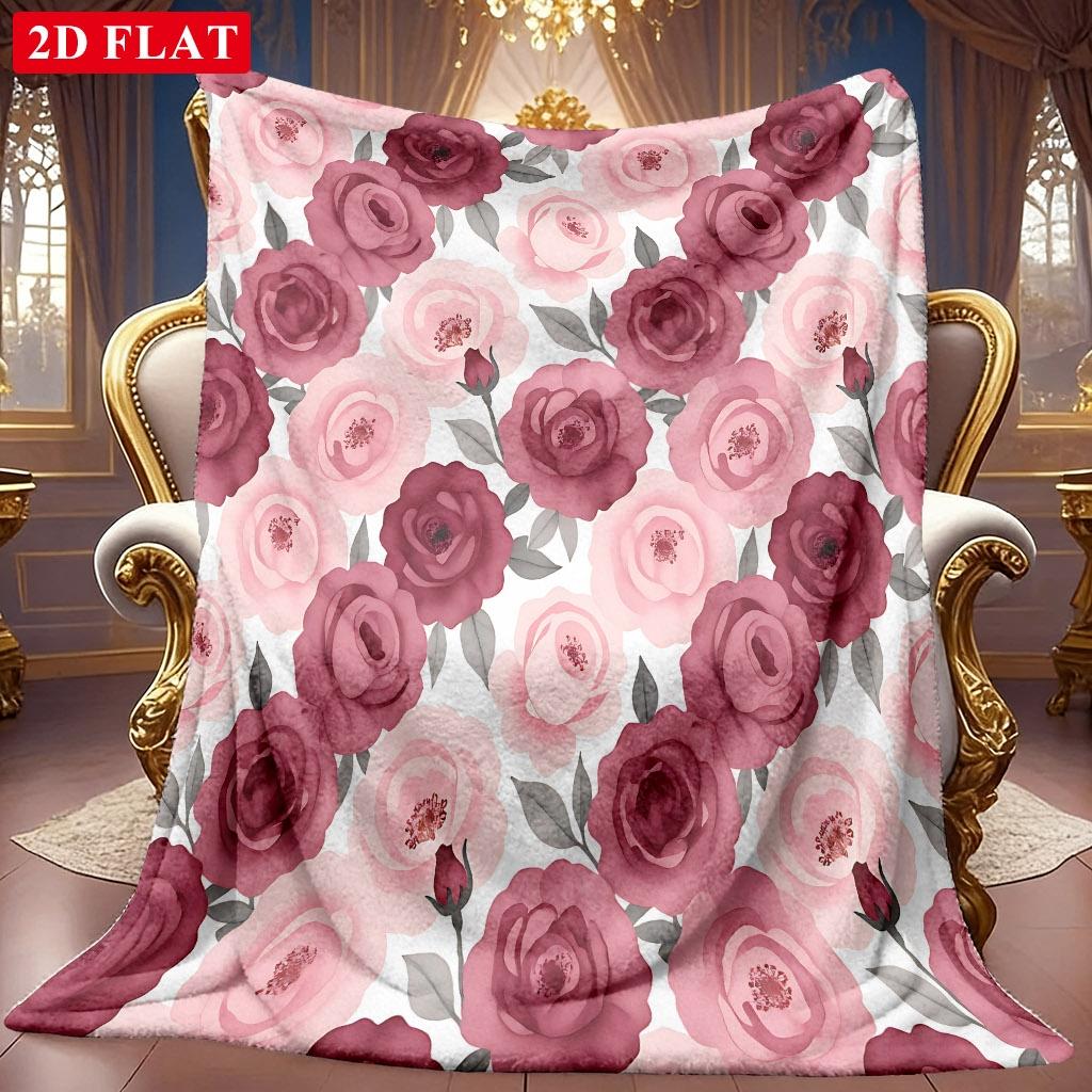 1pc 2D Pink Purple Rose Theme Pattern Flannel Blanket, Soft HD Digital Print, Cooling Blanket All-Season Use! Soft And Breathable 100% Polyester Fiber