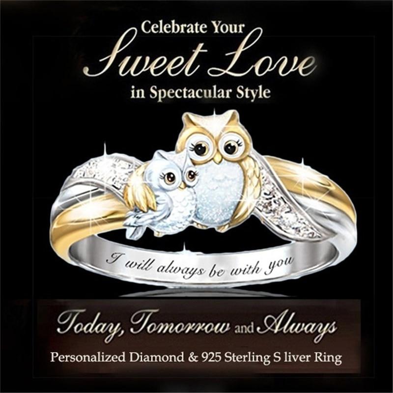 2021 I Will Always Be with You Exquisite Creative Fashion Lovely Owl Ring Double Layer Owl Mother and Child Ring Women