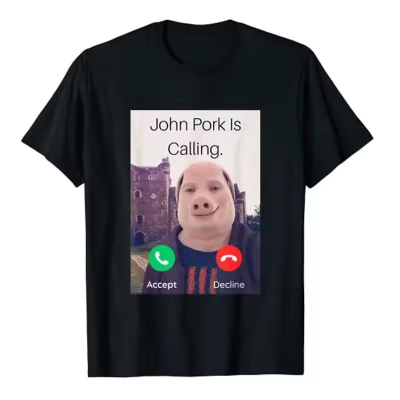 John Pork Is Calling Answer Call Phone T-Shirt Humor Funny Pig Graphic Tee Streetwear High Quality  Short Sleeve T Shirt