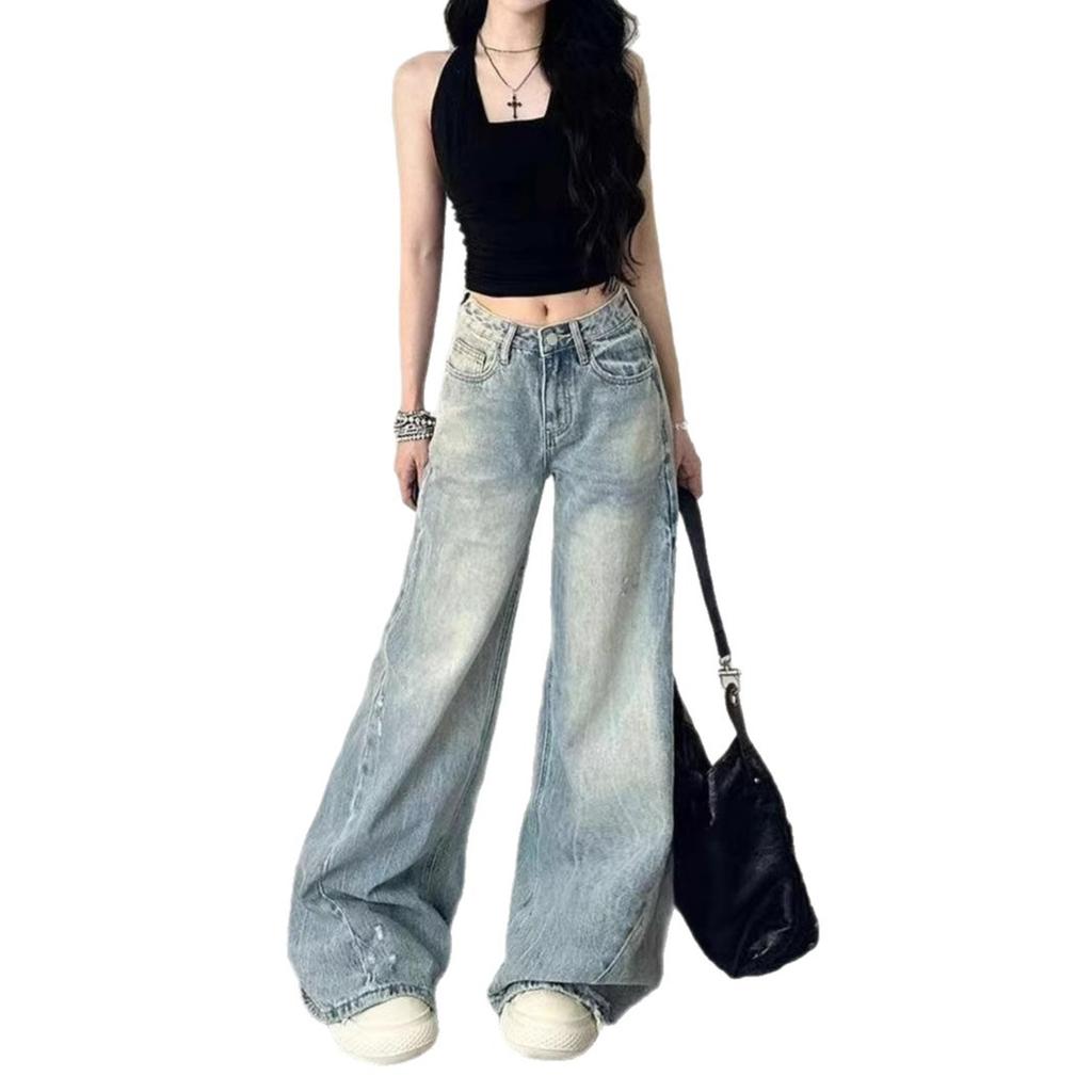 Wearable Micro-large Denim Wide-legged Trousers Women's Large Size Design Sense Blue High-waisted Loose Straight Trailing Long Trousers Denim Pants