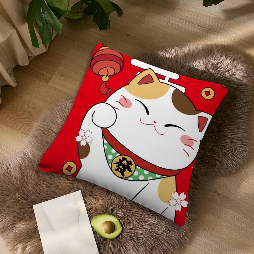 Maneki Neko Rich Luck Money Cat Cushion For Bedroom Car Coffee Shop Room Soft and Living Room Sofa Decorative Pillow Cover Case