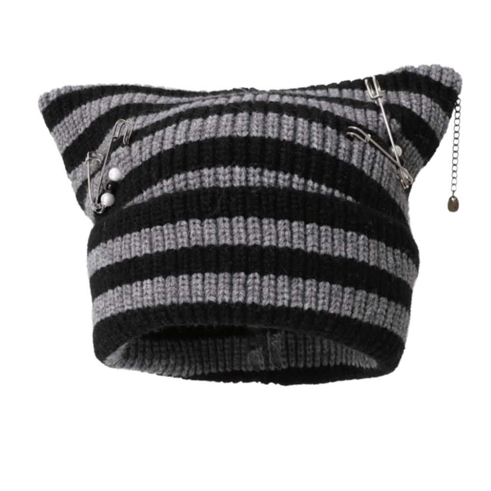 Verdickte Katzenohren-Mütze Polyester Warme Mütze Y2K Gothic Gestrickte Gestreifte Mütze Outdoor