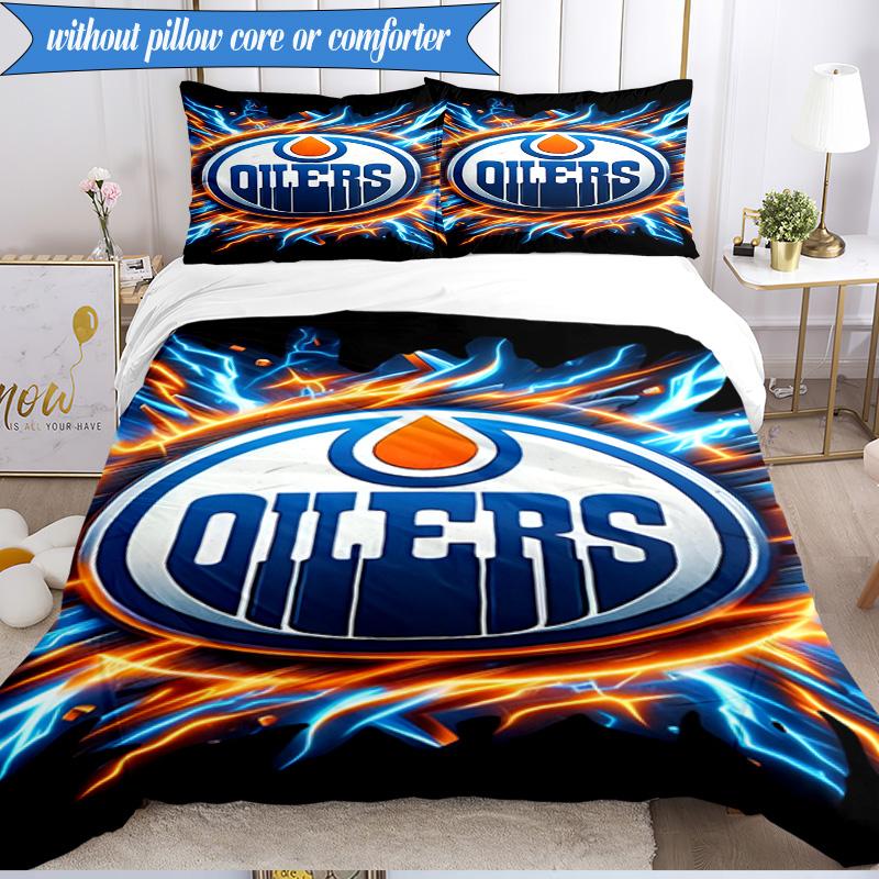 3PCS Edmonton Oilers Emblem Bedding Set,Including 1pc Duvet Cover And 2pcs Pillowcases Perfect for Bedroom, Dormitory, Fan Christmas Gift