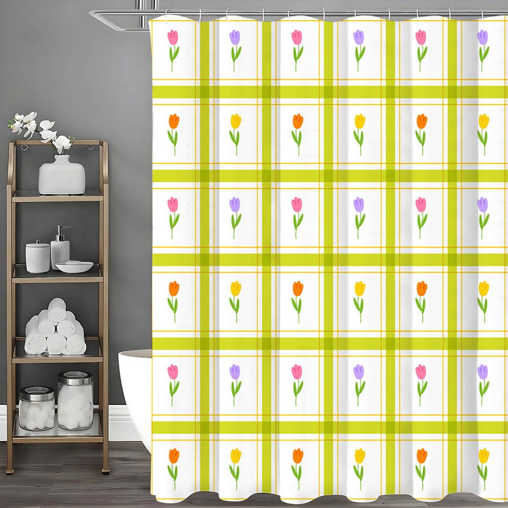 

Green Checkered Tulips Shower Curtain Washable Dirt-Resistant Shower Head Waterproof Polyester Bath Curtain For Home Decor W60H190(CM)-1 Pcs