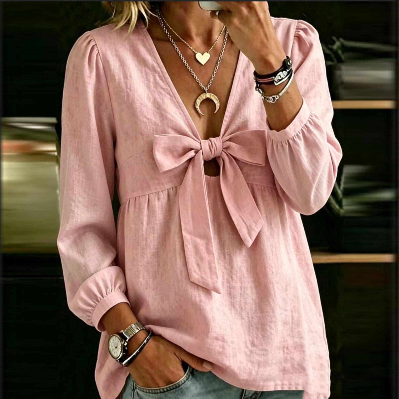 Women s Cotton-Linen V-Neck Long Sleeve Casual Shirt for Everyday Wear L розовый