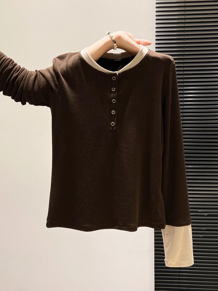 Women s Slim Fit Long Sleeve Two-Piece Faux Layered Henley Top Medium кофейный