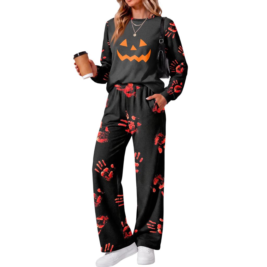 Women's Halloween Print Hoodie and Jogger Pants Set, Round Neck Loose Fit Casual Sweatsuit