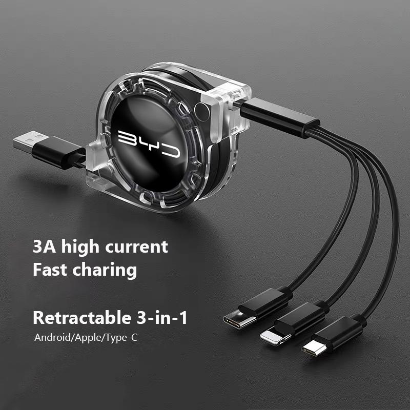 3 In 1 Fast Charger USB Data Cable Car Interior Accessory For BYD Atto 3 Yuan Plus Han Tang EV F3 E6 Dmi Song F0 Qin Pro G3 I3 E