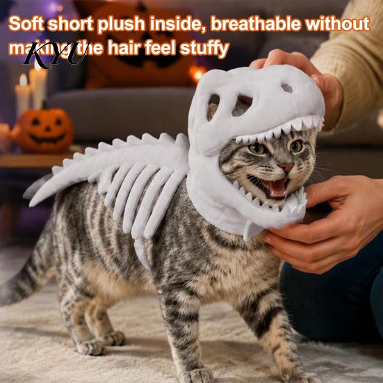 Katze Dinosaurier Knochen Kleidung Haustier Skelett Kostüm, Weiches Plüsch T-Rex Halloween Lustige Cosplay Kleidung Outfit, für Katzen Kleine Hunde Leuchtende Ausrüstung