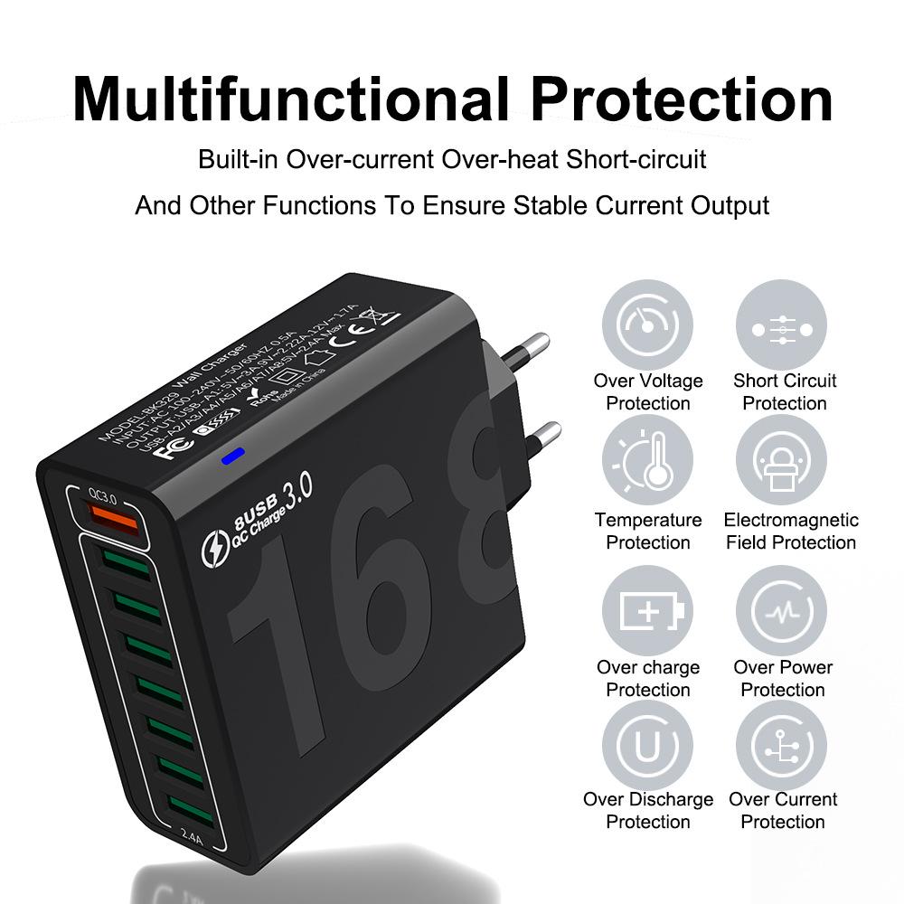 8-Port QC3.0 Fast Charging Travel Charger for Europe, America & Korea - Mobile Phone Charger