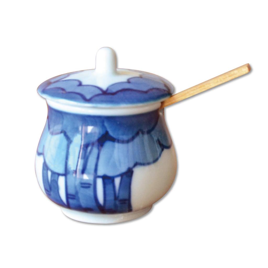 Stylish Ceramic Condiment Container with Lid and Bamboo Suitable for Commercial or Home Made In Japan with Arita Ware and a Blue and White Wood Spoon,
