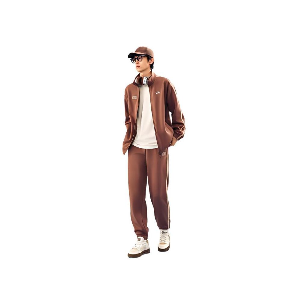 Anta Lifestyle Series Simple Round Neck Warm Top Breathable Comfortable Long Pants Casual Sports Suit Men Sportswear Caramel 952448201-5