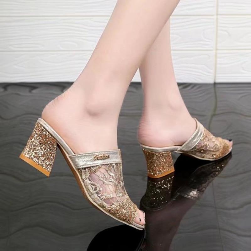 Sandals Women's New Summer Models, Fish Mouth Middle Heel Mesh Thick Heel Sequins Casual Large Size Sandals