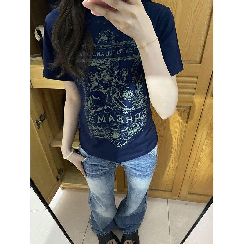 

American Style Shoulder Print Short sleeve T-shirt Women Summer 2024 New Design Sense Niche Slim fit Gyaru Short Top Navy XL