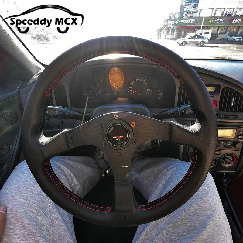 Racing Drift Sport Steering Wheel Real Leather 14inch With Red Stitching 350mm Diameter For Car Universal Modified
