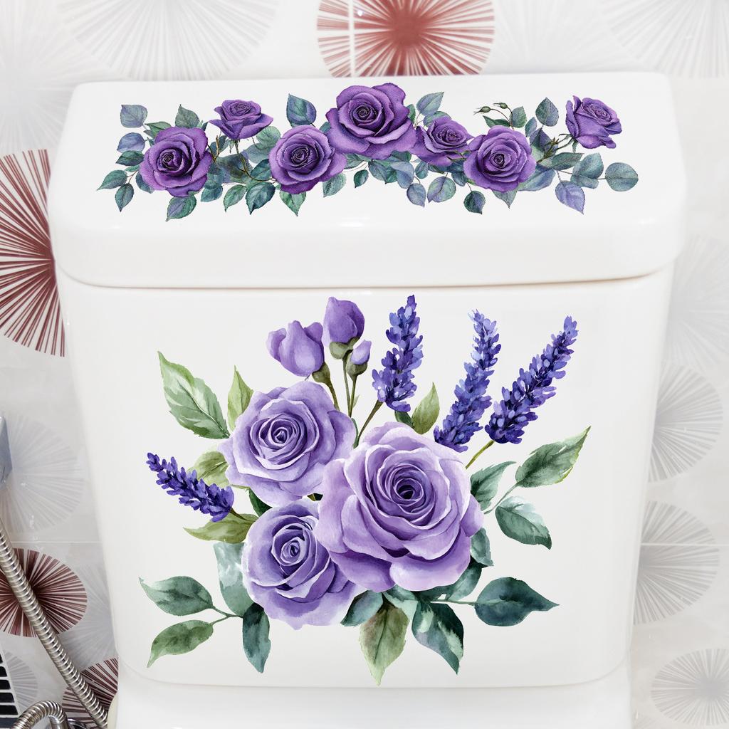 1/2pcs Romantic purple rose lavender toilet sticker PVC self-adhesive waterproof toilet decoration sticker