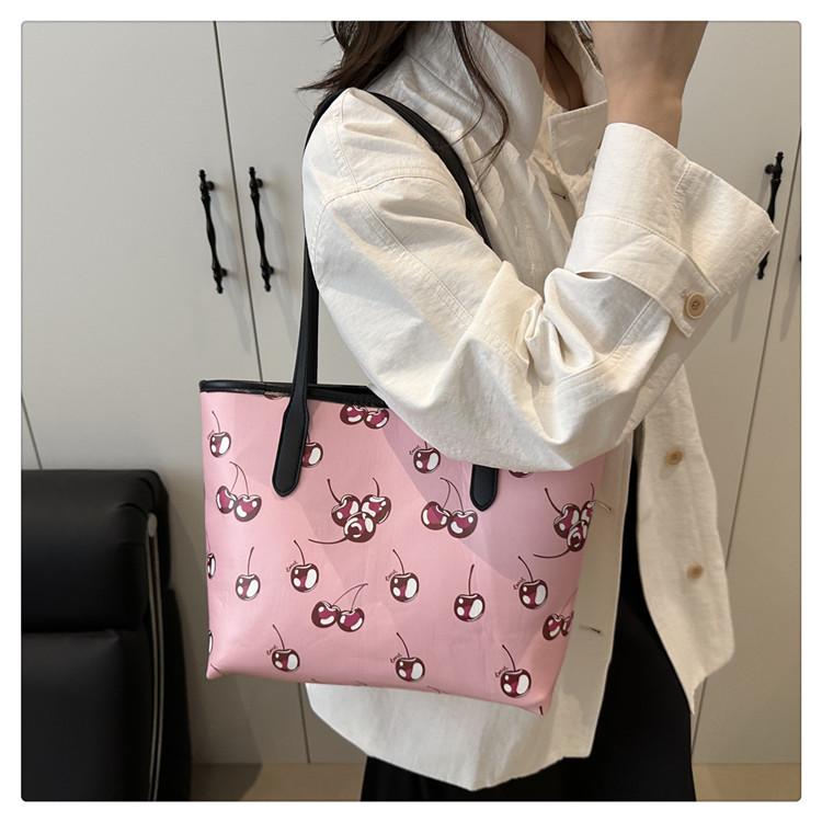 Cherry Print Large Capacity Tote Bag Faux Leather Shoulder Handbag Trendy Street Style Commuter Purse for Women