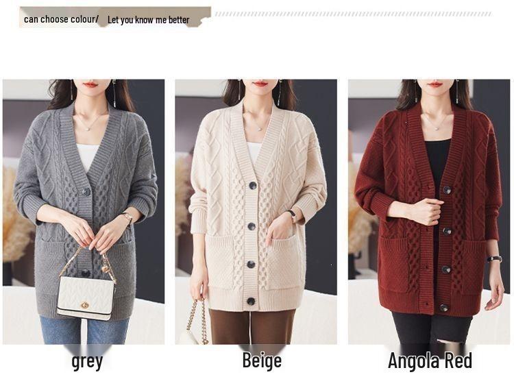 2026 A/W Women's V-Neck Solid Knit Cardigan - Mid-Length Loose Sweater Coat