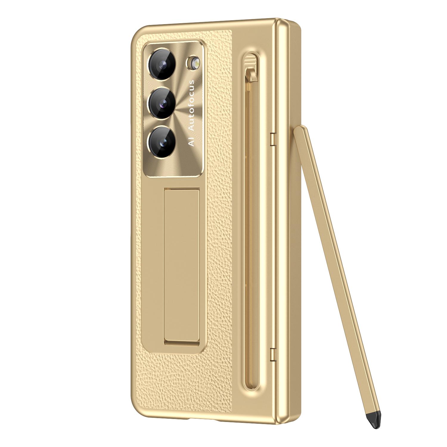 

Чехол с отделением для стилуса и защитной пленкой для Samsung Galaxy Z Fold 7 6 5 4, противоударный, с кожаной защитой шарнира Fold6 Fold7 и чехлом для стилуса For Galaxy Z Fold 6 золотой