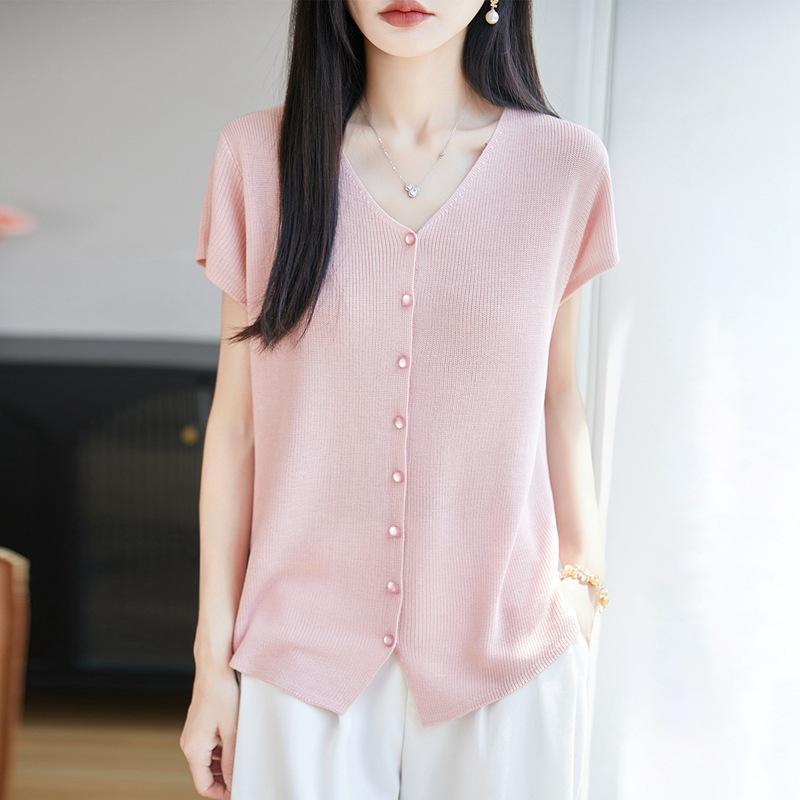 Summer new skin-friendly and cool Tencel V-neck short-sleeved cardigan femininity shoulder versatile loose breathable knitted T-shirt