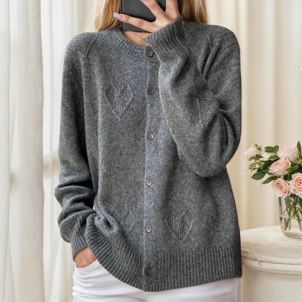 2025 Herbst/Winter Damen Herz Jacquard Lochstrick Cardigan Pullover Mantel