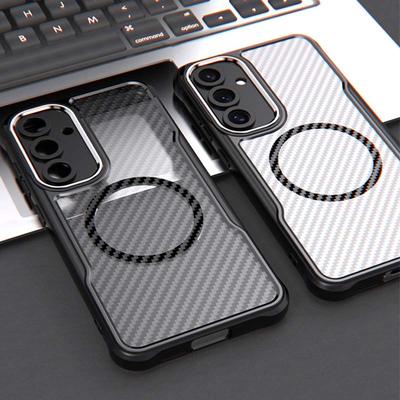 For Magsafe Carbon Fiber Matte Phone Case For Samsung S24 Ultra 5G Wireless Charging Magsafing Cover For Galaxy S24FE S24 Plus TPU Bumper Hard PC Capa