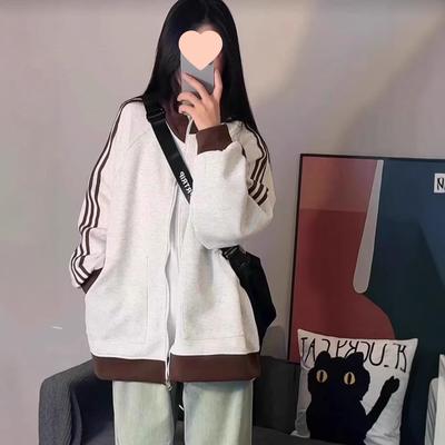 American Retro Sport Stand Collar Stripe Hoodie - Unisex Trendy Brand Loose Fit Outerwear