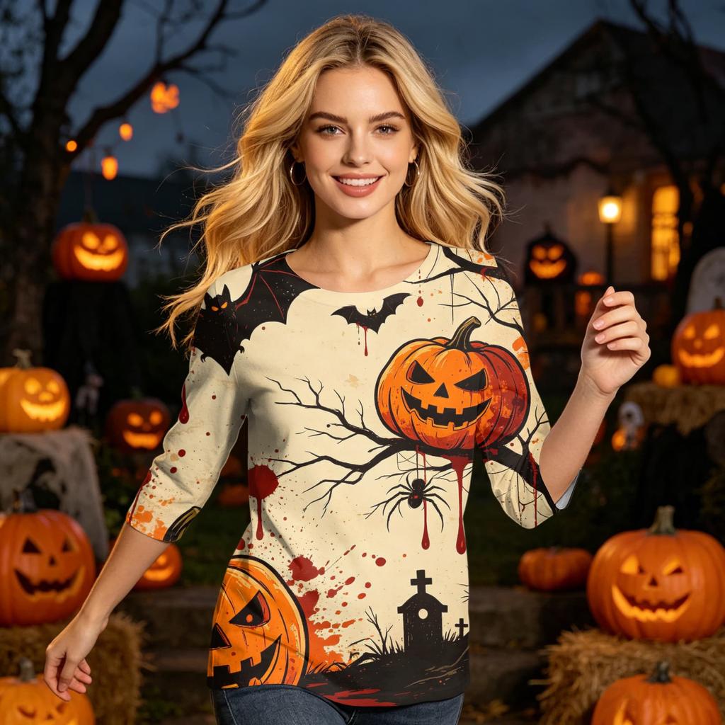 Halloween Shirt for Women 3/4 Sleeve Tunic Top Funny Splatter Pattern Casual Loose Holiday Graphic Blouse