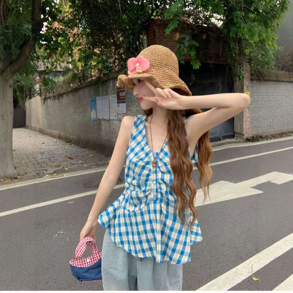Cotton and linen neck sling vest women's summer Thai dopamine bright and unique outer wear beautiful seaside sleeveless top