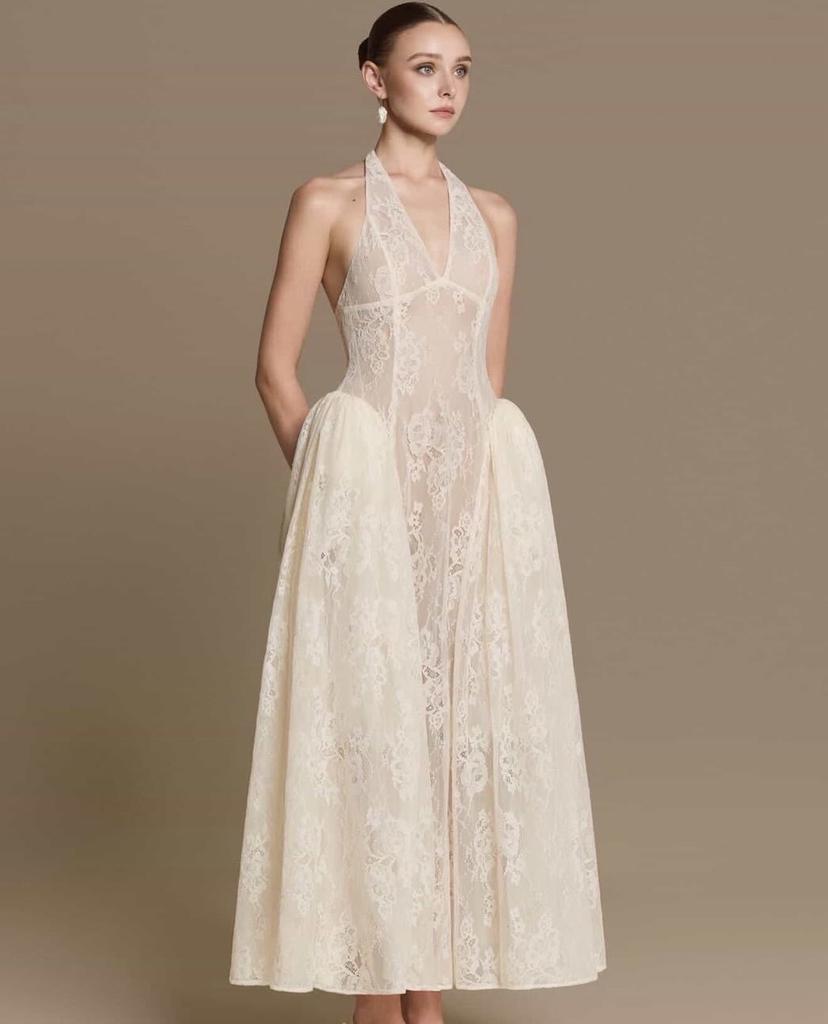 Mori light wedding dress, neck V-neck halter, fishbone girdle waist perspective lace long pendulum fairy dress