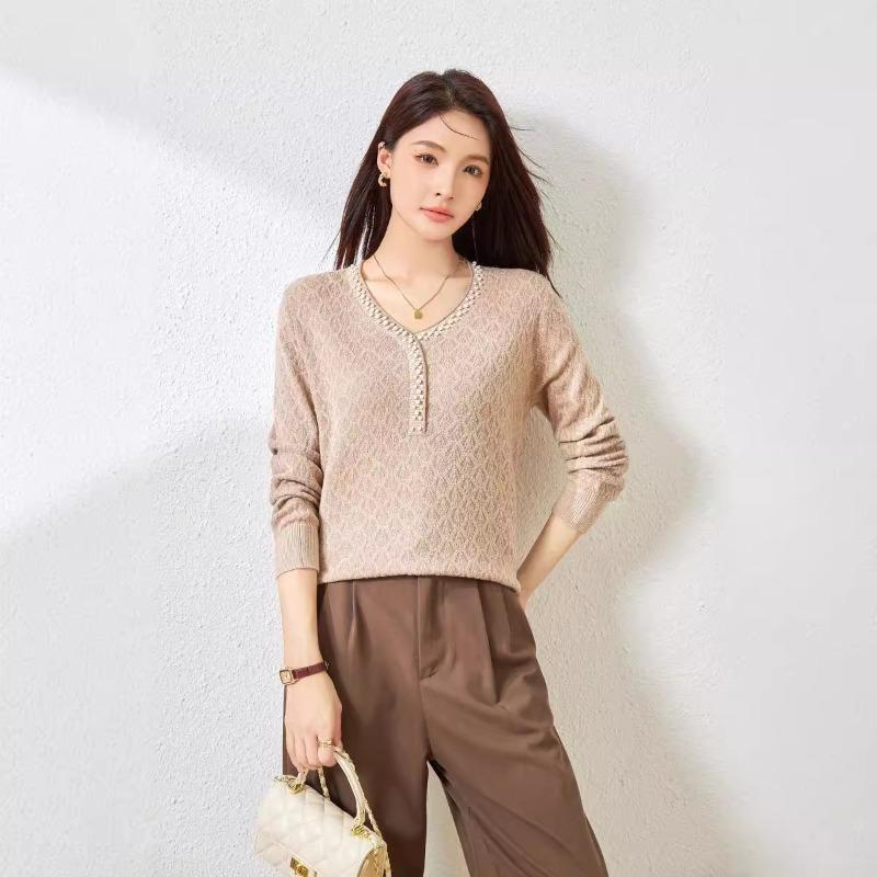 Silk wool beaded v-neck pullover knitted sweater women's autumn new jacquard solid color long-sleeved pullover bottoming top