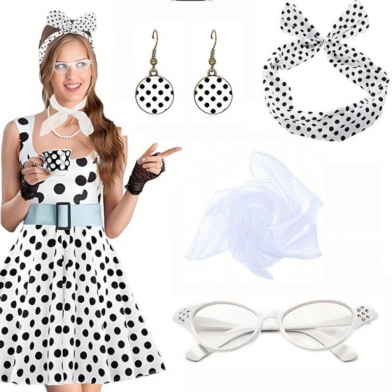 Festival Party Cosplay Set 1950s Retro Polka Dot Earrings Headband Glasses Costume