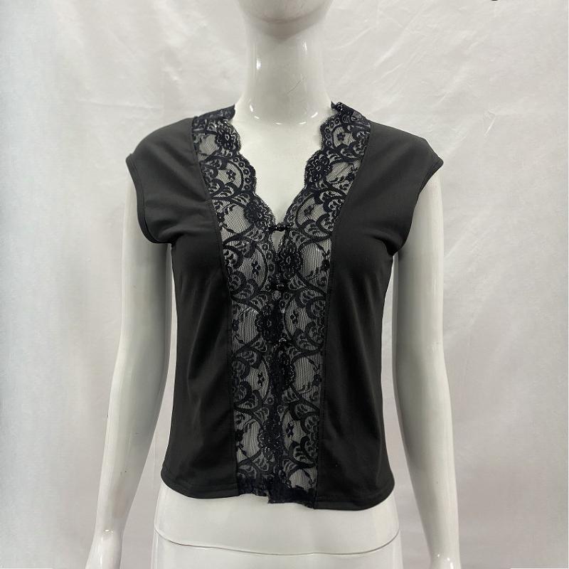 Summer women s solid color V-neck patchwork lace lace lace waist sleeveless vest top S