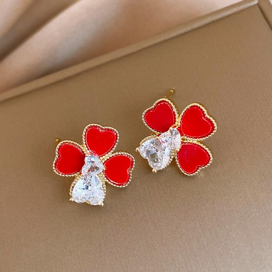 18K zircon red love flower stud earrings elegant earrings women