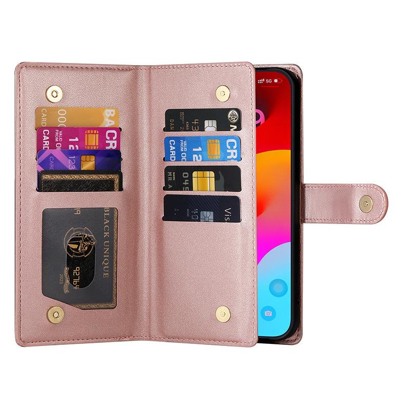 Flip mobile phone case is suitable for iPhone17 mobile phone leather case, foreign trade explosive zipper, nine-card long rope, crossbody multi-fu