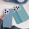 Blue Stripe Minimalist Lychee Texture Case for iPhone 17 17E 16 15 14 13 12 11 Pro Max Vintage Shockproof Protector