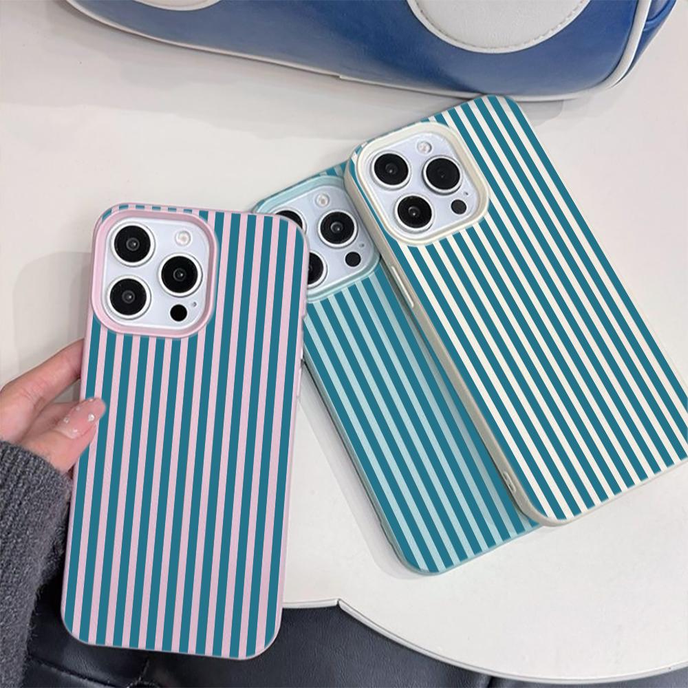 Blue Stripe Minimalist Lychee Texture Case for iPhone 17 17E 16 15 14 13 12 11 Pro Max Vintage Shockproof Protector