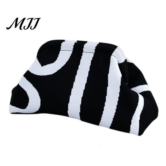 Daily Travel Toiletry Organizer Snap Shut Makeup Bag, Striped Knitted Clutch Pouch, Stylish Small Cosmetic Pouch for Purse Wide Open Brushes