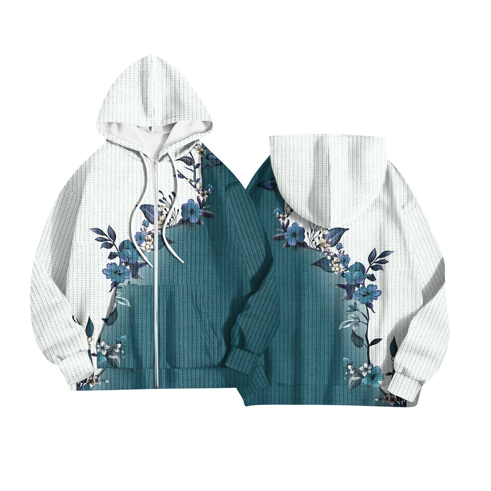 

Women s Fashion Jacket Casual Printed Long-sleeved Hooded Cardigan Sweatshirts XL синій