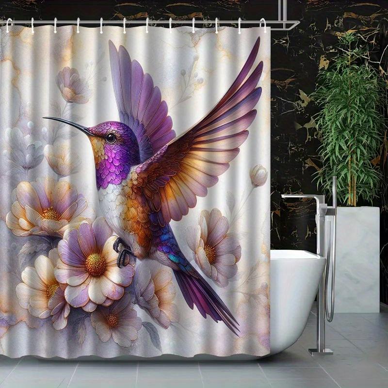 Hummingbird Shower Curtain Purple Bird Floral Art Nature Design Elegant Bathroom Decor Waterproof Printed Bath Curtain Home