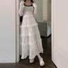 Women Maxi Skirt Elastic High Waist A-Line Skirt Solid Color Hollow Crochet Flower Pattern Ruffle Stitching Cake Skirt