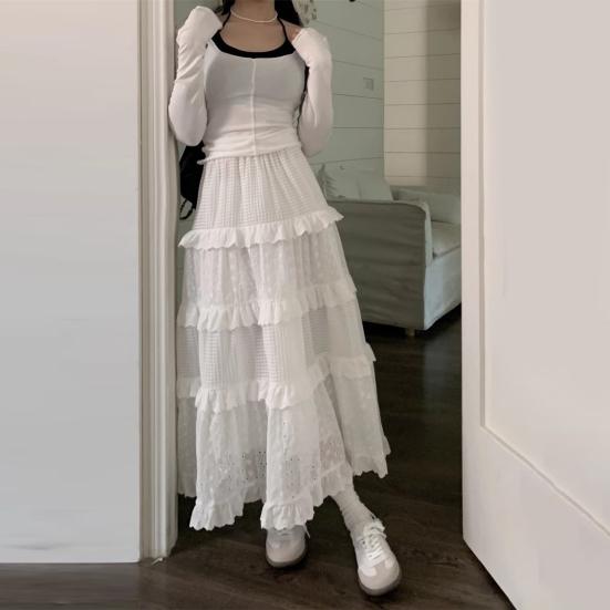 Women Maxi Skirt Elastic High Waist A-Line Skirt Solid Color Hollow Crochet Flower Pattern Ruffle Stitching Cake Skirt