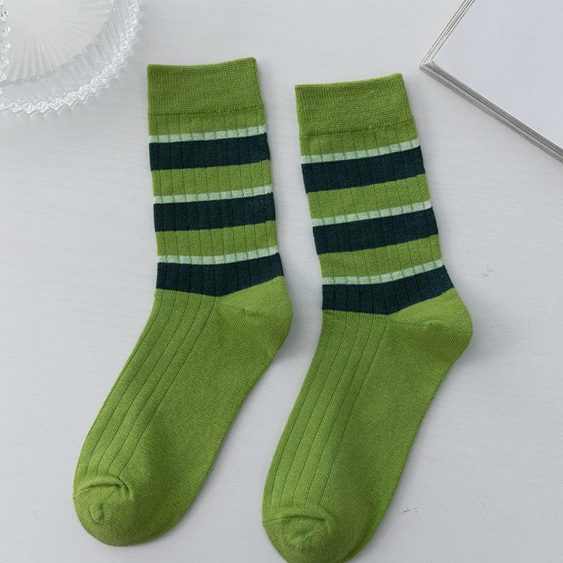 Green Striped Socks for Women's Autumn and Winter Trendy Socks In A Color-blocked Style. Wear Mid-calf Socks for Women