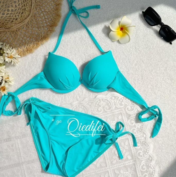 

Однотонное бикини пуш-ап без спинки в корейском стиле с косточками и дизайном с завязками M