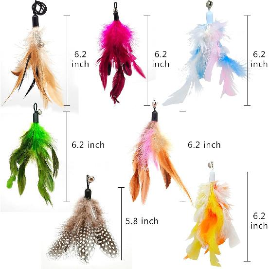 12 Pack Cat Wand Feather Toy Refills with Bells , Natural Feather Replacement for Interactive Teaser Toys, Colorful Wand Attachments, Durable and
