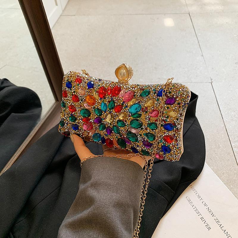 Women Bags Women's Bags 2025 New European and American Fashion Colored Diamonds Dinner Bag Crossbody Chain Box Bag Tide